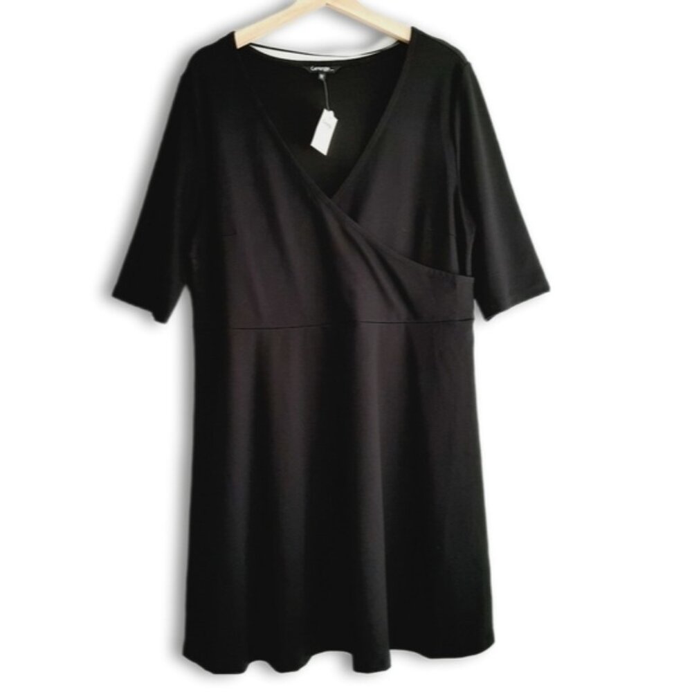 GEORGE Faux Wrap Short Sleeve Soft & Stretchy Knee Length Midi Dress Black Sz XL